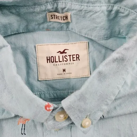 Hollister Flamingo Button Up Shirt Mens M Short Sleeve Blue Preppy Stretch - Picture 3 of 7